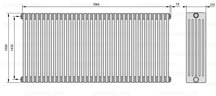 Схема (чертеж) Радиатор Zehnder Charleston 6150/34 №1270 Белый глянцевый RAL 9016